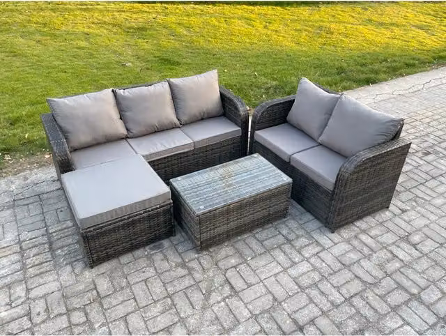 Fimous 6 Seater Rattan Wicker Garden Furniture Set in Dark Grey with 3-Seater Sofa, Love Sofa, Ottoman and Coffee Table