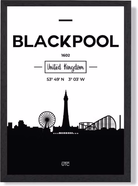 ARTZE Blackpool Black and White City Skyline Framed Print, A2
