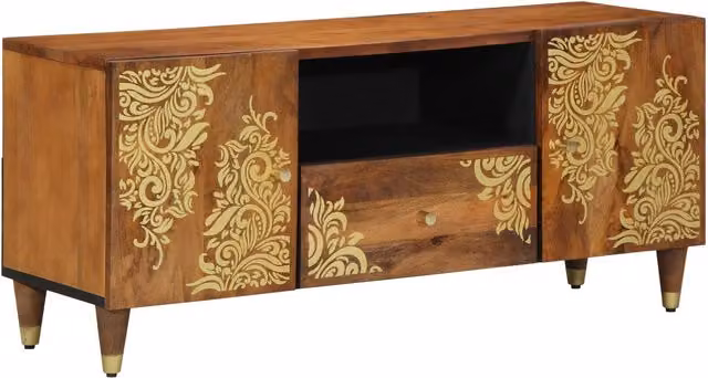 Berkfield Home Solid Mango Wood TV Cabinet in Brown and Gold, W/D/H: 105 x 33 x 46 cm – 1