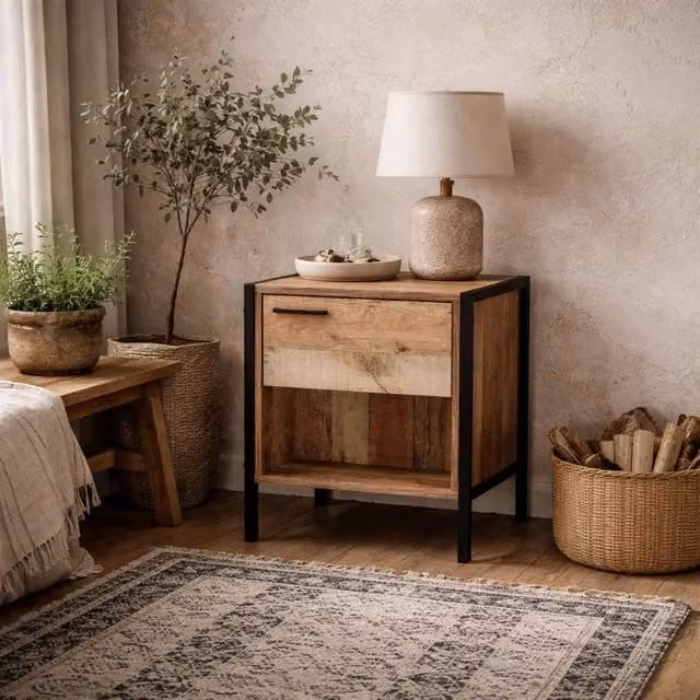 Wyld Haus Lucan Bedside Table with Soft Close Drawer and Open Shelf in Natural Brown – 1