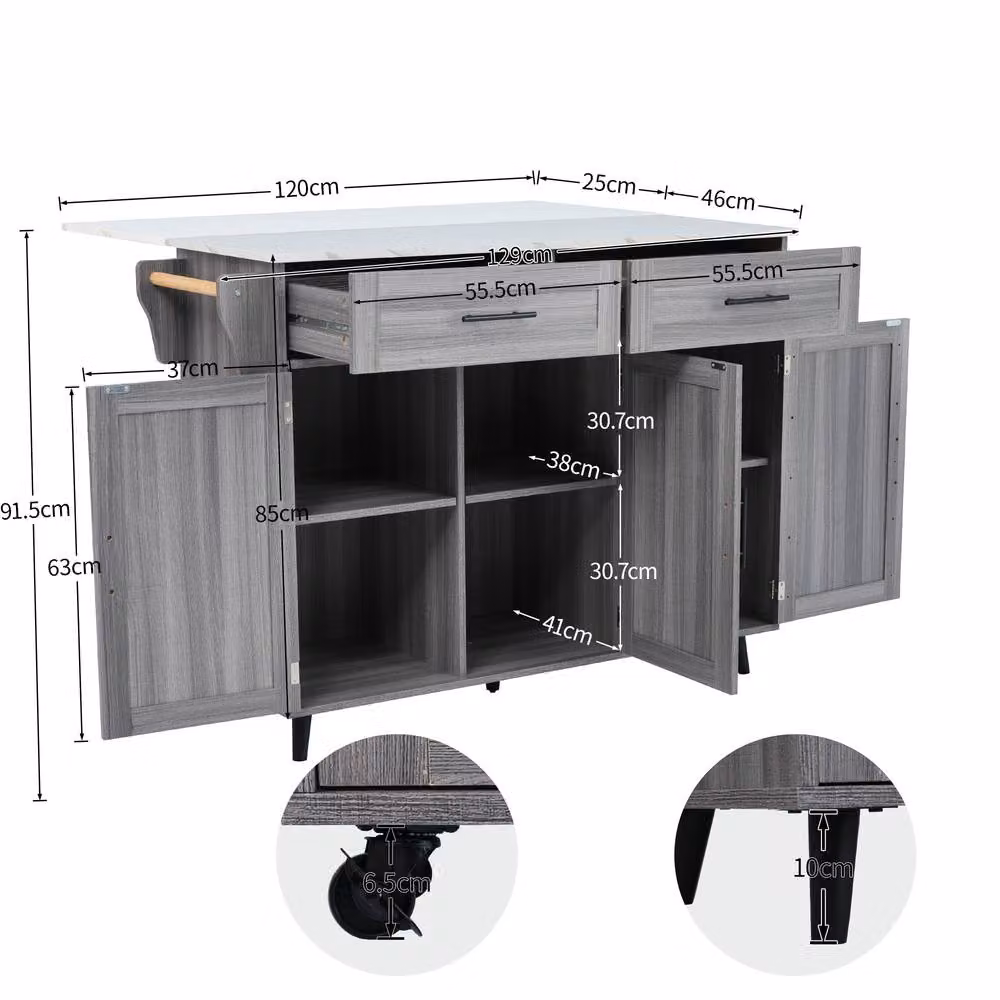 BTM Grey Folding Kitchen Island Trolley Cabinet with Storage and Wheels, W/D/H: 71.0 x 71.0 x 91.5 cm – 2