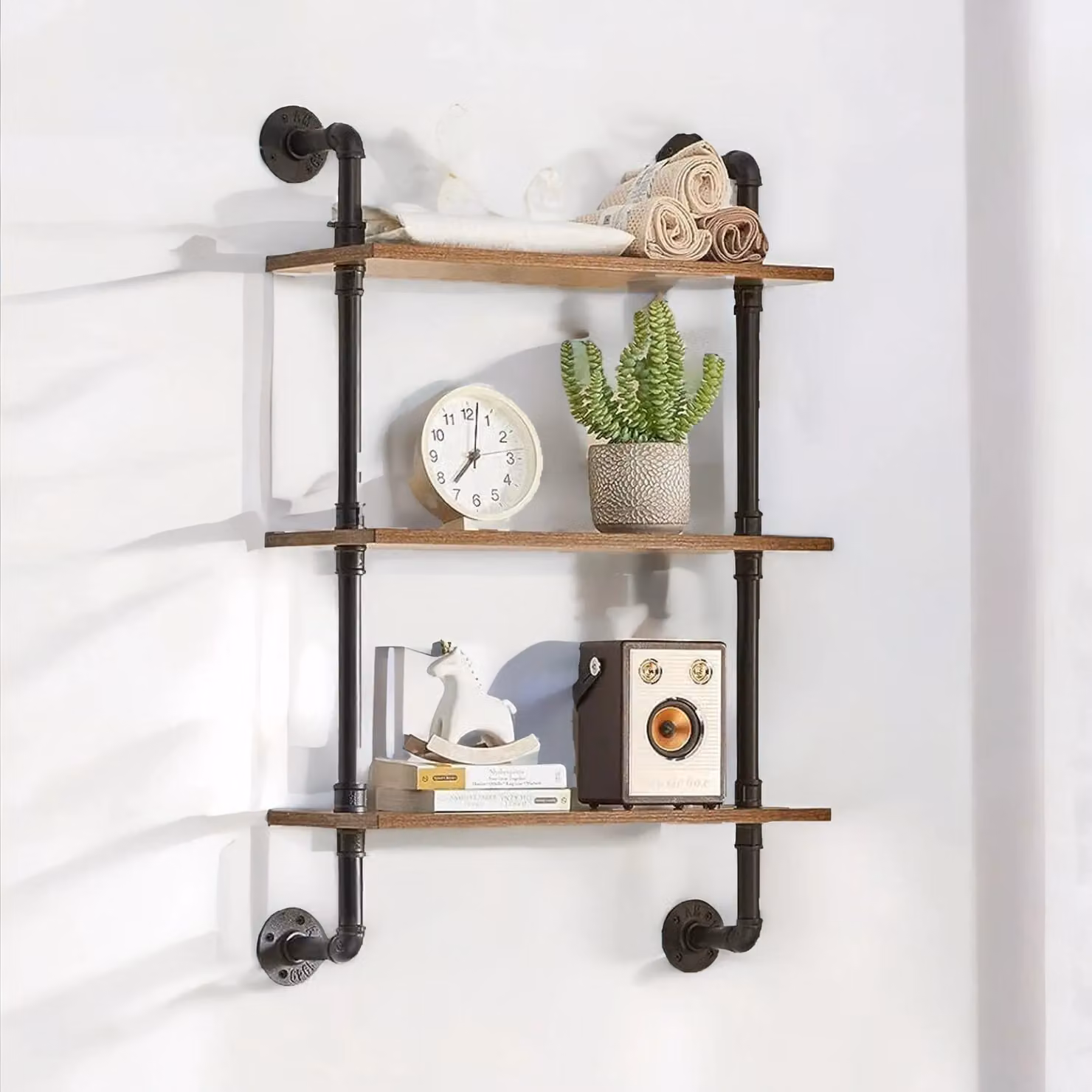 Rafaelo Mobilia Industrial Pipe Wall-Mounted 3 Tier Floating Shelves in Dark Brown, W/D/H: 96.5 x 20.0 x 61.5 cm – 2