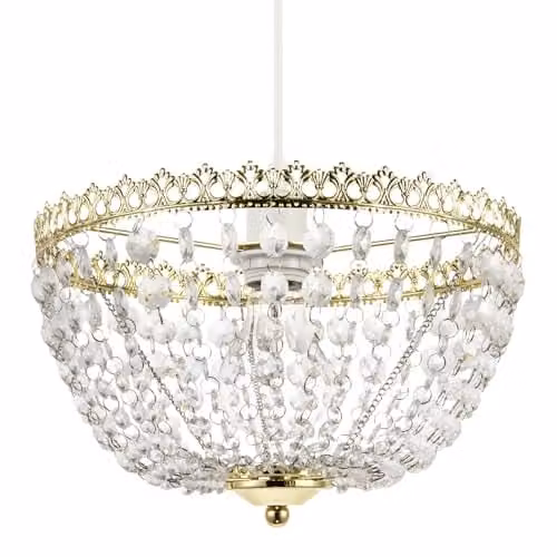 Happy Homewares Circular Crown Pendant Lighting Shade in Polished Gold with Transparent Acrylic Beads, W/D/H: 16 x 16 x 30 cm – 1