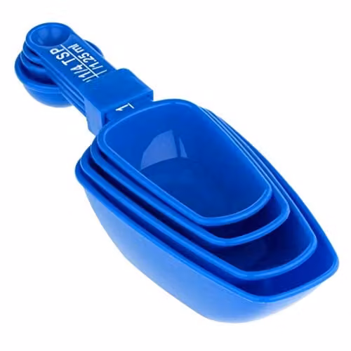 Chef Aid Blue Plastic Kitchen and Pantry Scoops, Set of 4 Nesting and Stackable Scoops with Integrated Measuring Spoons