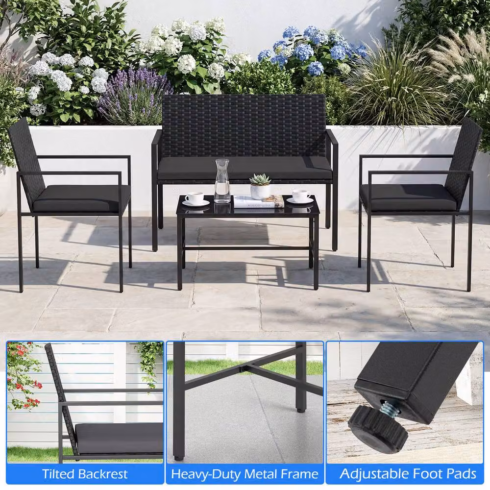 Costway 4-Piece Grey Polyrattan Patio Furniture Set with 2-Seater Sofa, Armchairs, Coffee Table and Upholstered Cushions – 5