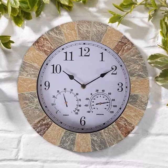 PAWNORA Grey Round Analog Outdoor Garden Wall Clock