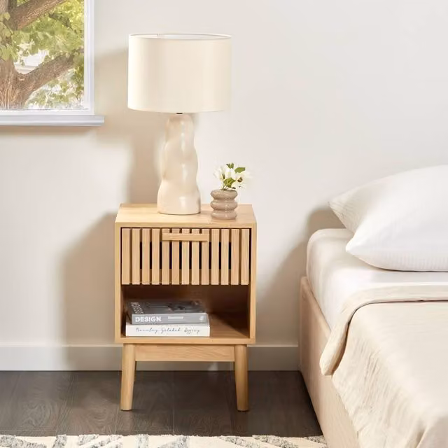Wyld and Coco Rustic Bedside Table in Light Brown MDF with Pine Legs, Drawer and Shelf – 1