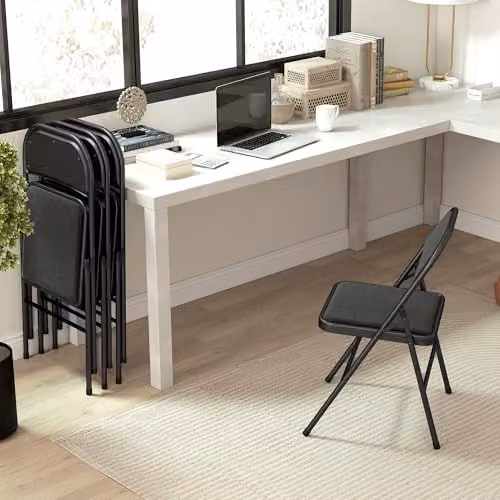 HOMCOM Set of 4 Black Padded Folding Chairs with Metal Frame and Fabric Cushioned Seats – 5