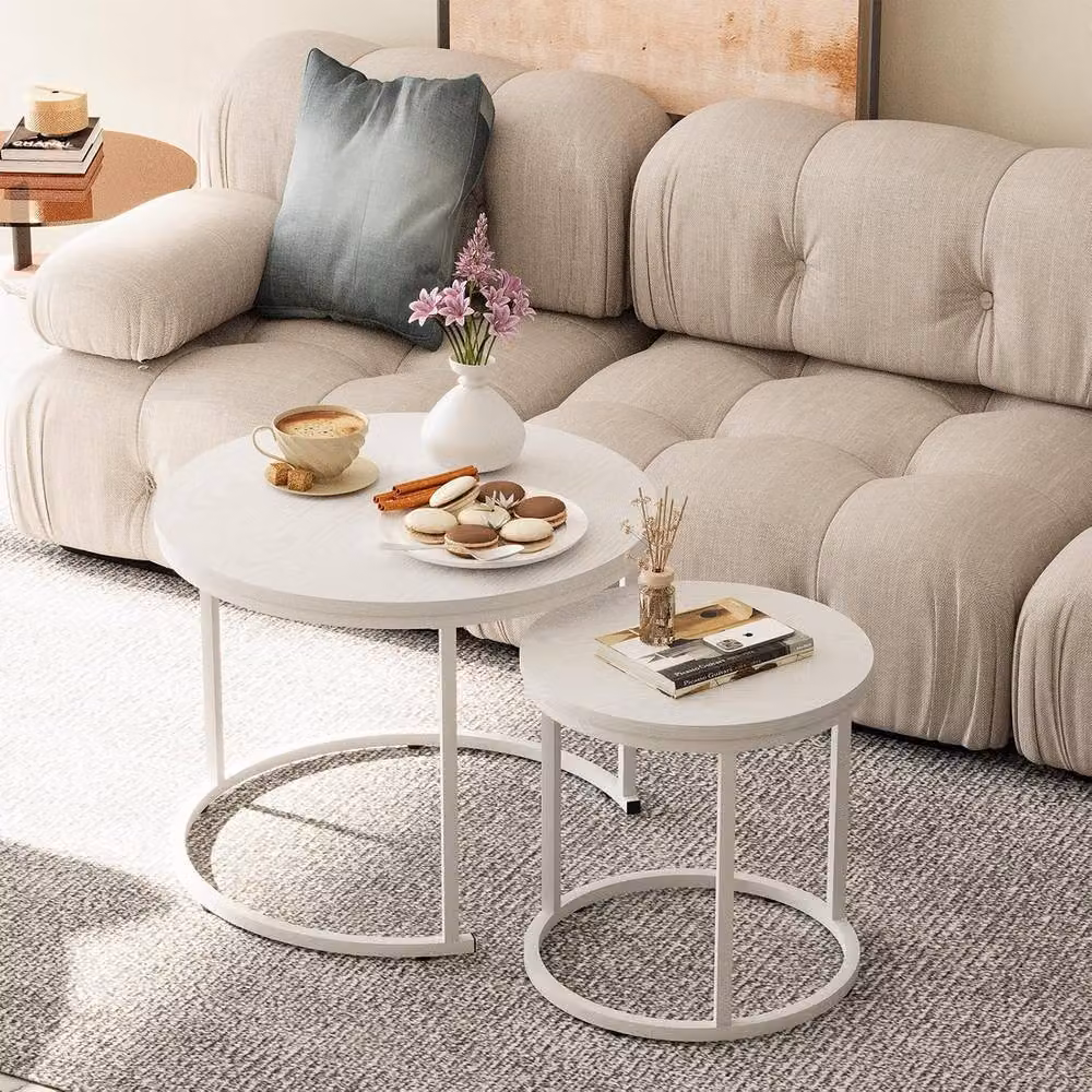 Huhote Set of 2 Round Nesting Side Tables with Matt White Metal Frame – 2