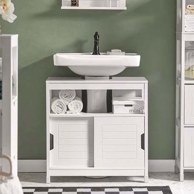 SoBuy Modern White Lacquered Under Sink Bathroom Cabinet with Sliding Doors and Open Shelf
