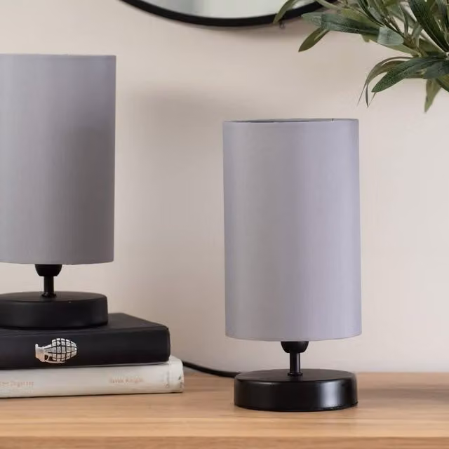 ValueLights Francis Pair of Black Dimmable Touch Table Lamps with Grey Fabric Shades – 1