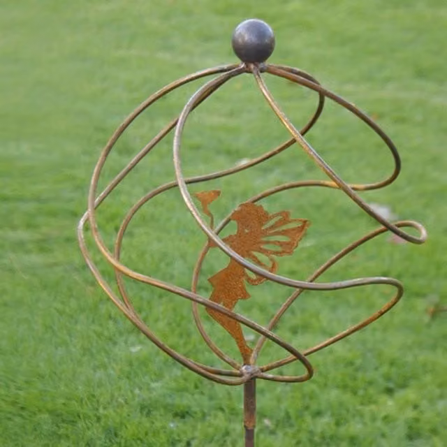 Poppyforge Tangle Ball with Standing Fairy on 4ft Stem in Brown Steel