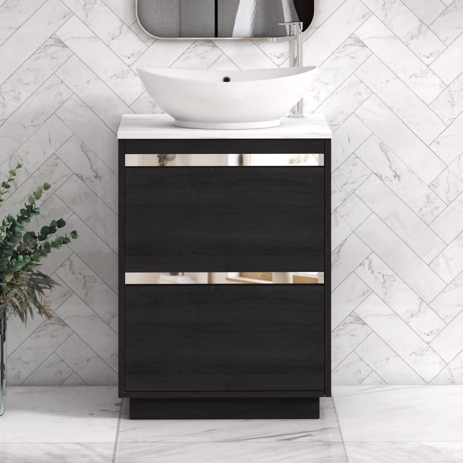Royal Bathrooms Orion 600mm Hale Black Floor Standing Vanity Unit with Amaze Basin and Carrara White Countertop, 2 Drawers and Chrome Accent Trim