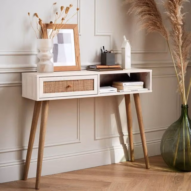 Sweekeec White Wood and Rattan Decor Console Table, W: 100 cm, H: 81 cm – 1