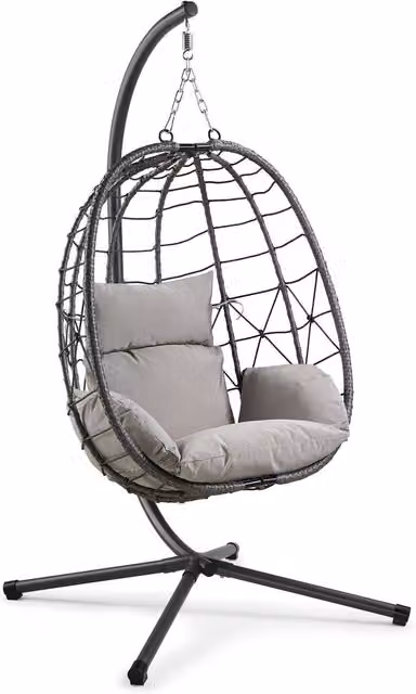 VonHaus Grey Rattan Garden Hanging Egg Chair with Metal Stand