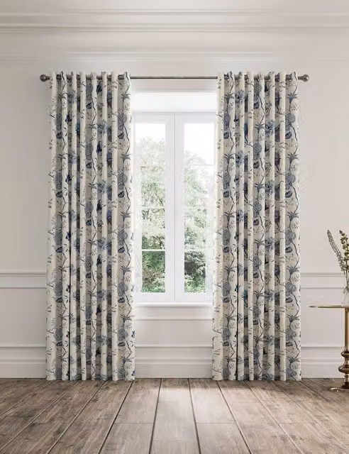 V&A Palampore Trail Blue Mix Floral Cotton Eyelet Curtains, H: 218 cm, W: 137 cm
