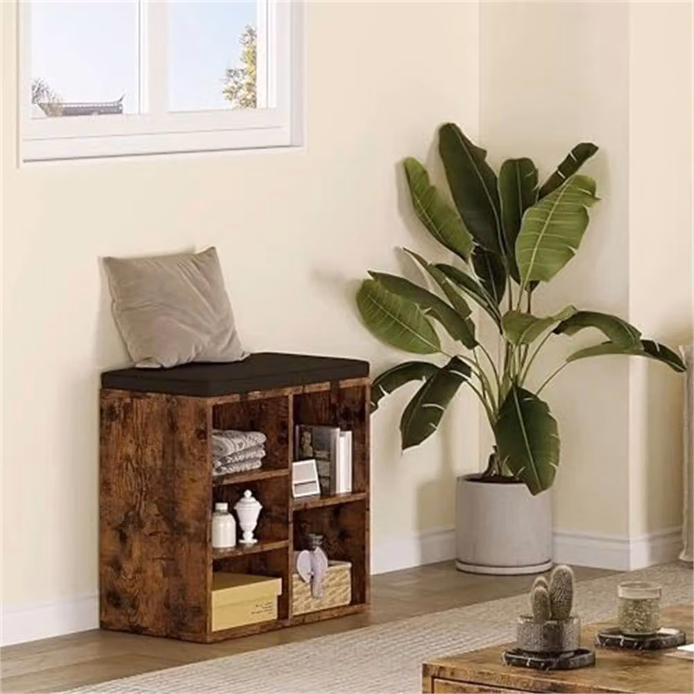 FORGEVIO Brown Industrial Wood Shoe Storage Bench and Rack with Cushion and Adjustable Shelves – 3