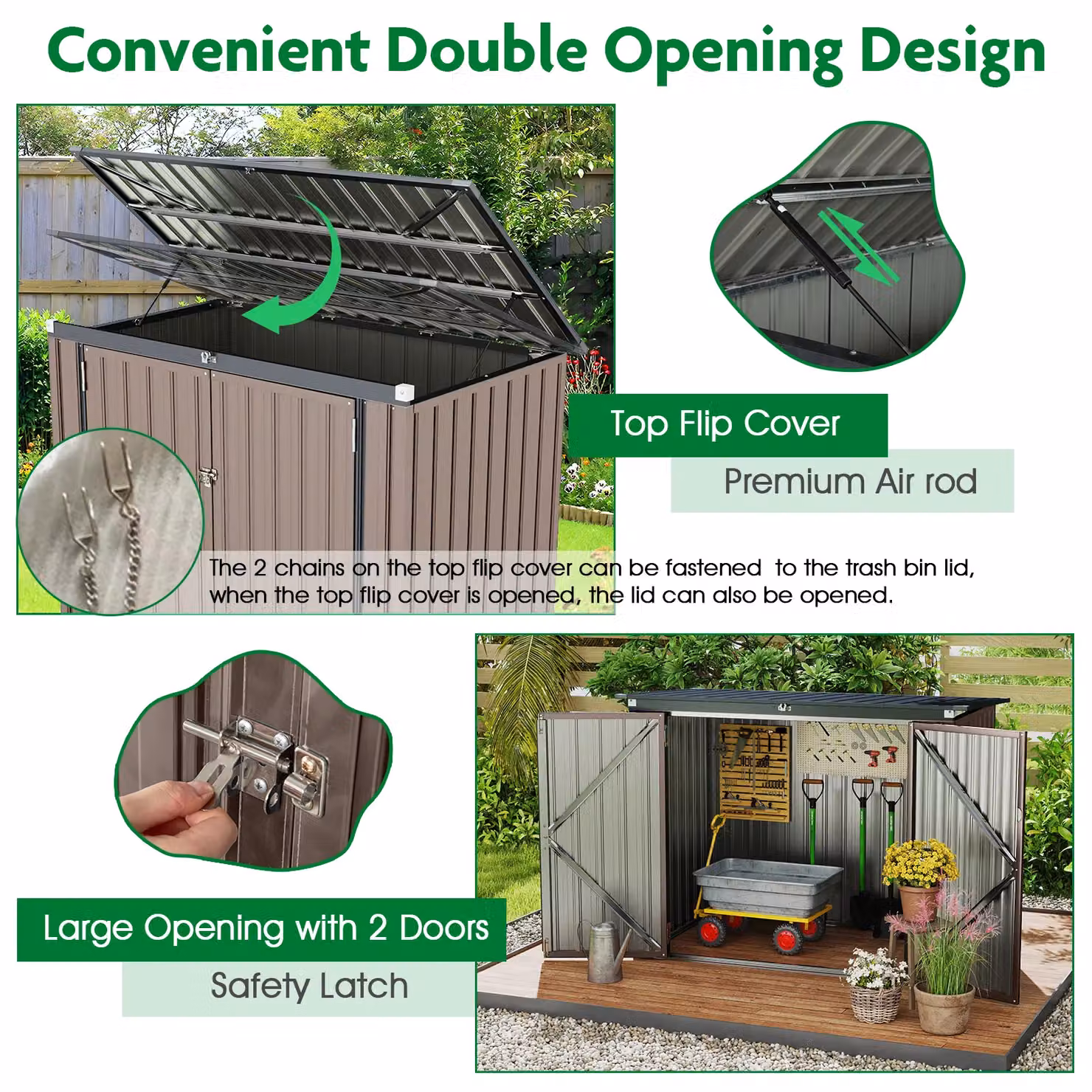Gymax Metal Bin Store Storage Shed with Double Openings, Light Grey, W: 95 cm, D: 172 cm, H: 130 cm – 7