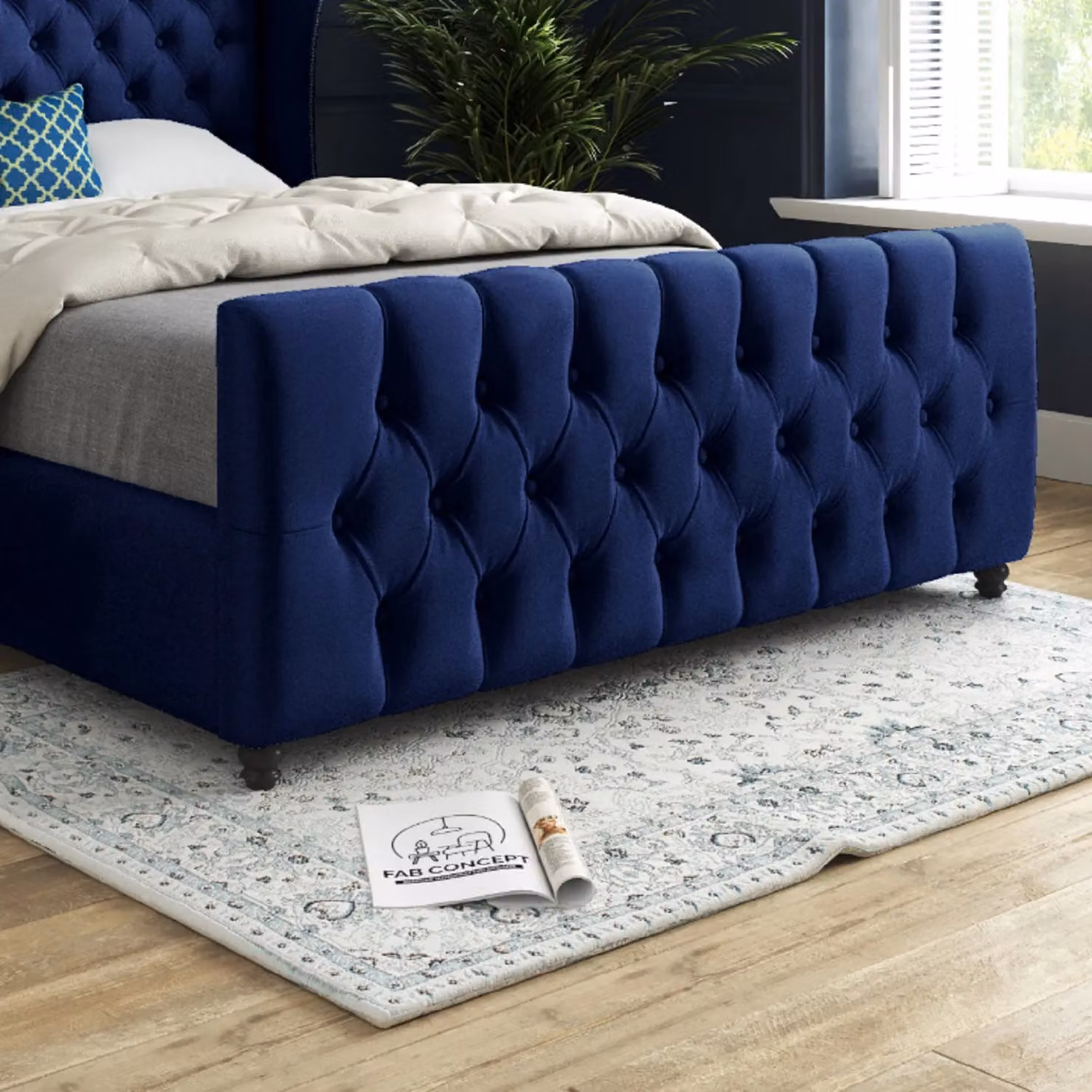 Casani Chesterfield Upholstered Velvet Bed Frame in Blue, Small Single – 4