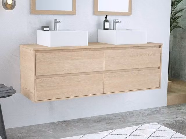 Vente-unique Wall-Hung Scandinavian Bathroom Cabinet with Double Ceramic Vessel Sinks in Light Oak