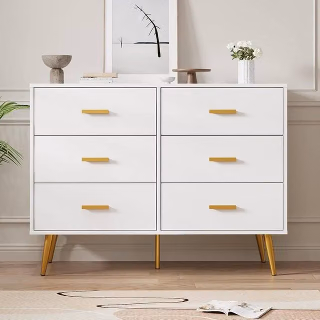 London Boutique Modern 6-Drawer Wooden Storage Chest in White, W/D/H: 106 x 40 x 85 cm