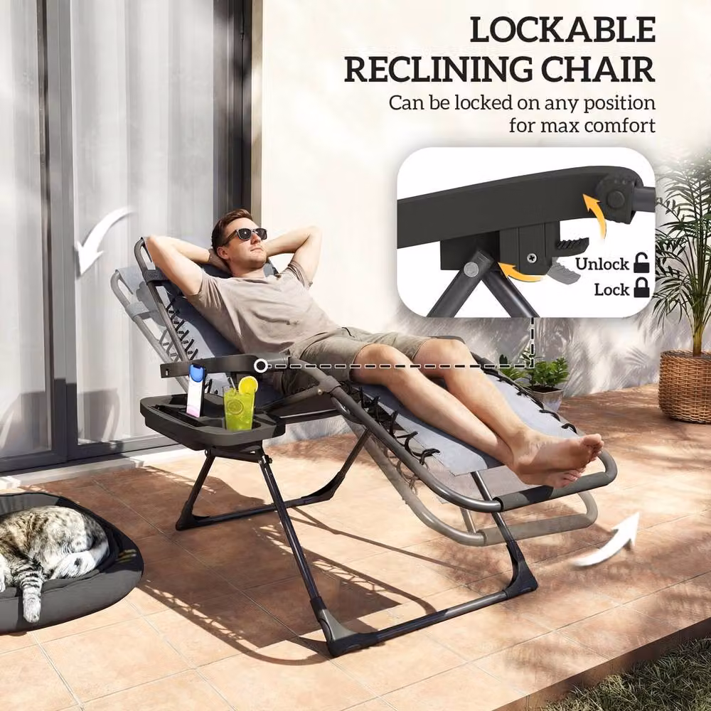VOGREX Set of 2 Black Folding Sunloungers with Cup Holders and Side Trays – 3