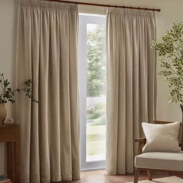 Yard Heavy Chenille Velvet Room Darkening Pencil Pleat Curtain Pair in Off-White, Width: 229 cm, Drop: 183 cm