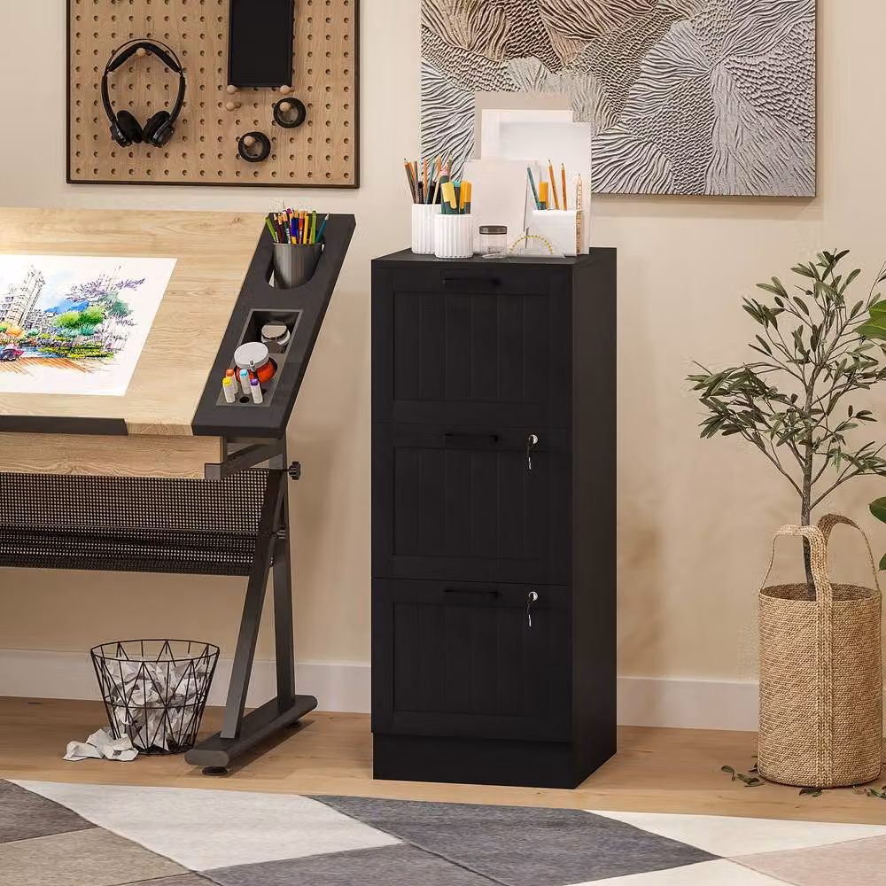 STILVORA 3 Drawer Metal Filing Cabinet with Lock, Black – 3
