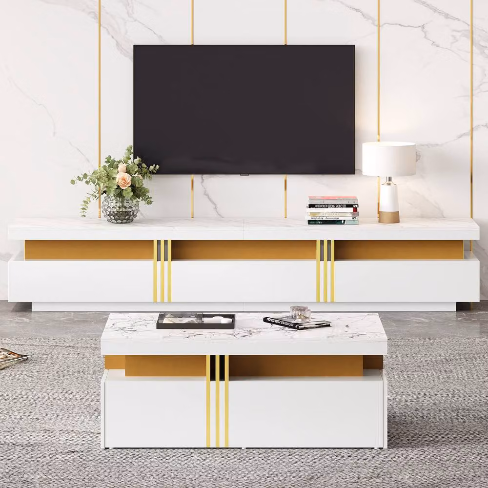 BTM White Glossy TV Stand and Coffee Table Set with 5 Drawers – 2
