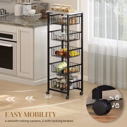 HOMCOM 5-Tier Kitchen Trolley on Wheels with Marble-Effect Top, Light Grey, W: 49.5 cm, D: 31.0 cm, H: 111.0 cm – 4