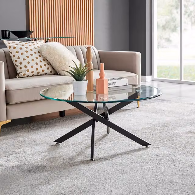 FurnitureboxUK Novara Round Coffee Table with Black Metal X-Frame and Transparent Glass Top
