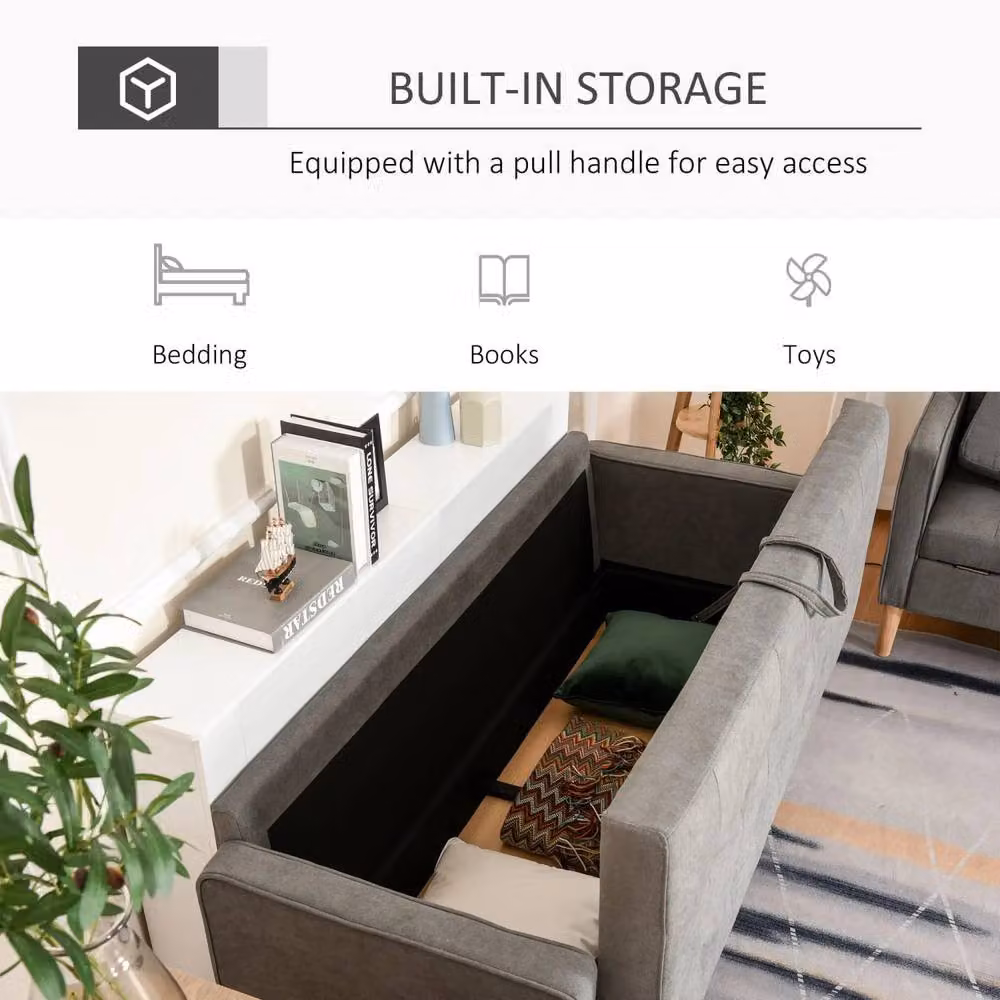 Wyld Haus Grey Fabric 3 Seater Sofa with Hidden Storage, Tufted Seat and Rubberwood Legs – 3