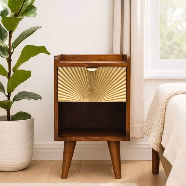 Wyld Haus Bolzano Art Deco Mini 1 Drawer Bedside Table in Brown Mango Wood