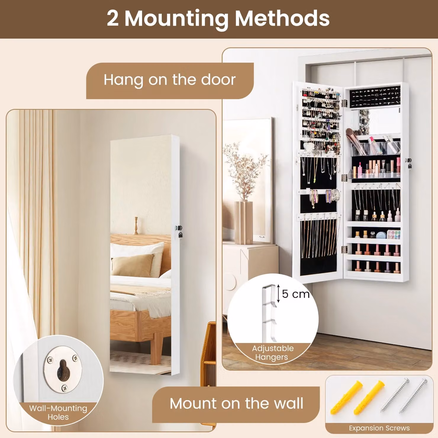 Costway Wall Mounted Jewellery Cabinet with Full Length Mirror and Lock, White – 4