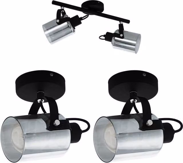 Loops Twin Ceiling Spot Light and 2x Matching Wall Lights in Black with Transparent Glass Shades