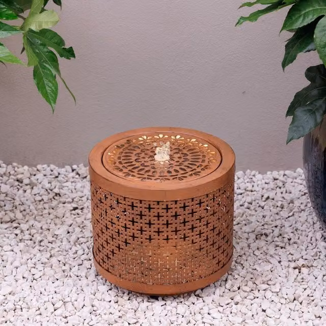 Primrose Brown Geometric Cut Out Design Ceramic Tabletop Water Feature with LED Lights, Height: 32 cm