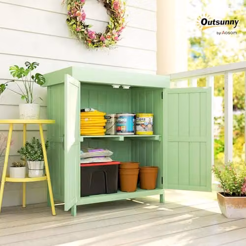 Outsunny Green Wooden Low Cabinet with Double Doors and Shelving, W/D/H: 43 x 43 x 88 cm – 2