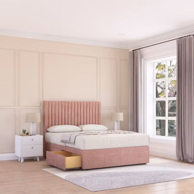 Sloomy Manhattan Pink Plush Velvet Memory Foam Bed Set with 4 Drawers, Mattress and Headboard, W/D/H: 200 x 200 cm