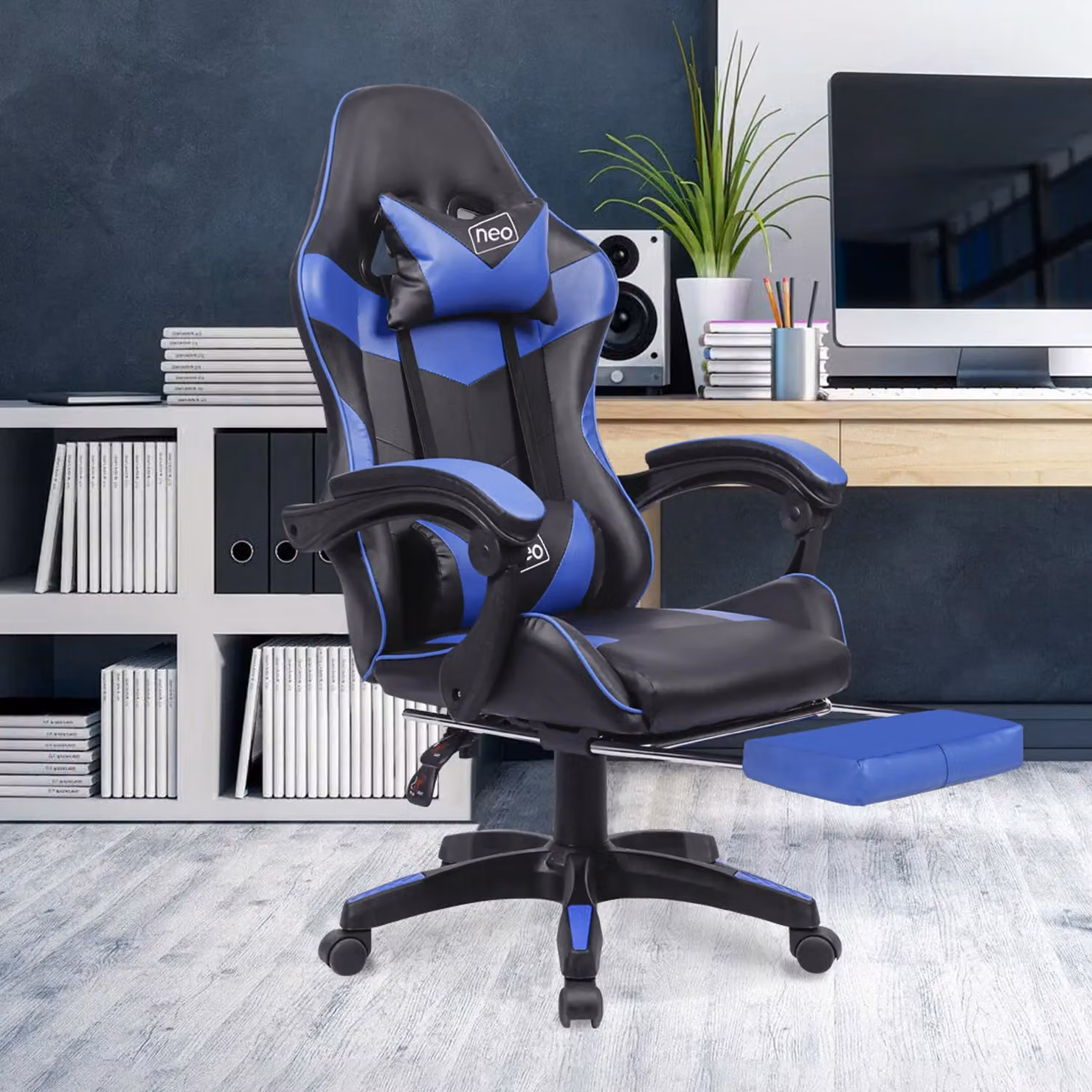 Neo Blue PU Leather Racing Gaming Chair with Footrest and Headrest – 4