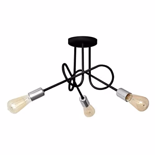 Helam Modern Chrome and Black Metal Ceiling Light with 3 x E27 Sockets, W: 50 cm, D: 50 cm, H: 32 cm
