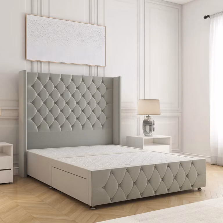 BSSPOKE Ruby King Size Divan Bed in Silver Plush Velvet with 54 inch Headboard and 2 Drawers, W/D/H: 180 x 200 cm