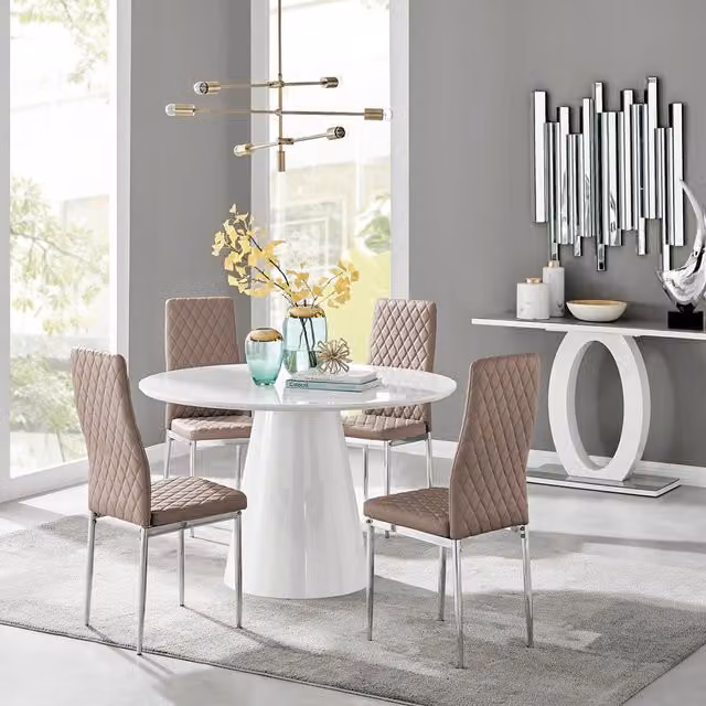 FurnitureboxUK Palma White High Gloss Round Dining Table and 4 Milan Chrome Leg Chairs in Cappuccino