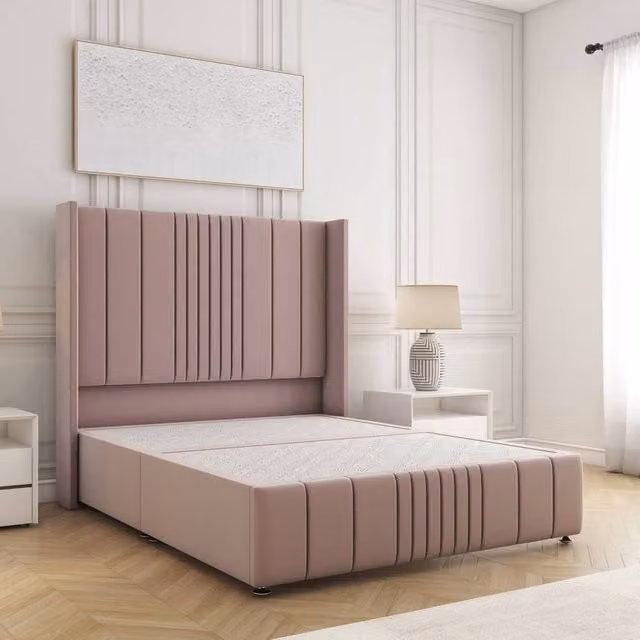 BSSPOKE Elise Single Divan Bed with 54 inch Plush Velvet Headboard in Pink, W/D/H: 90 x 190 cm