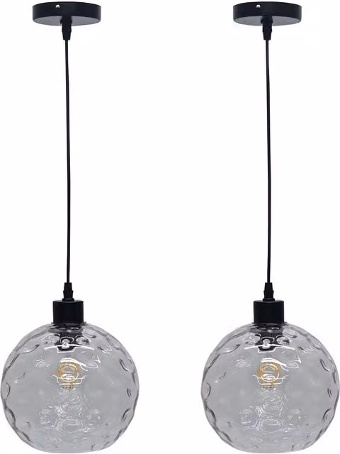 First Choice Lighting Set of 2 Barnum Pendant Lights with Transparent Dimple Glass Globes and Black Fittings – 1