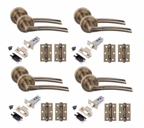 Golden Grace Indiana Door Handles with Latch and Hinges, Antique Brass, 4 Sets