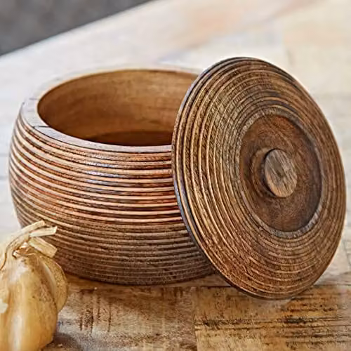 Paper High Makula Hand Carved Mango Wood Bowl with Lid, Brown, Medium – 1
