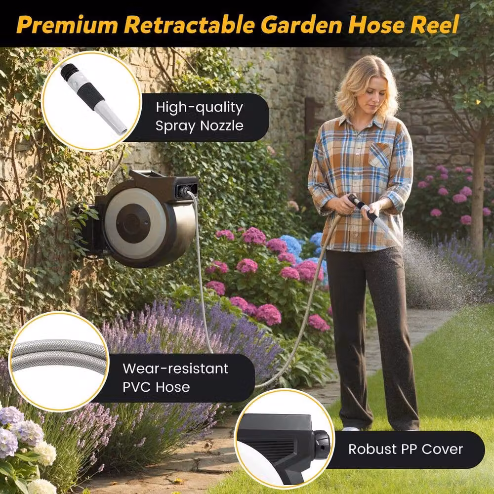 Costway Retractable Wall-Mounted Garden Hose Reel in Black with 30 m Hose and 2 m Lead-in Hose – 5