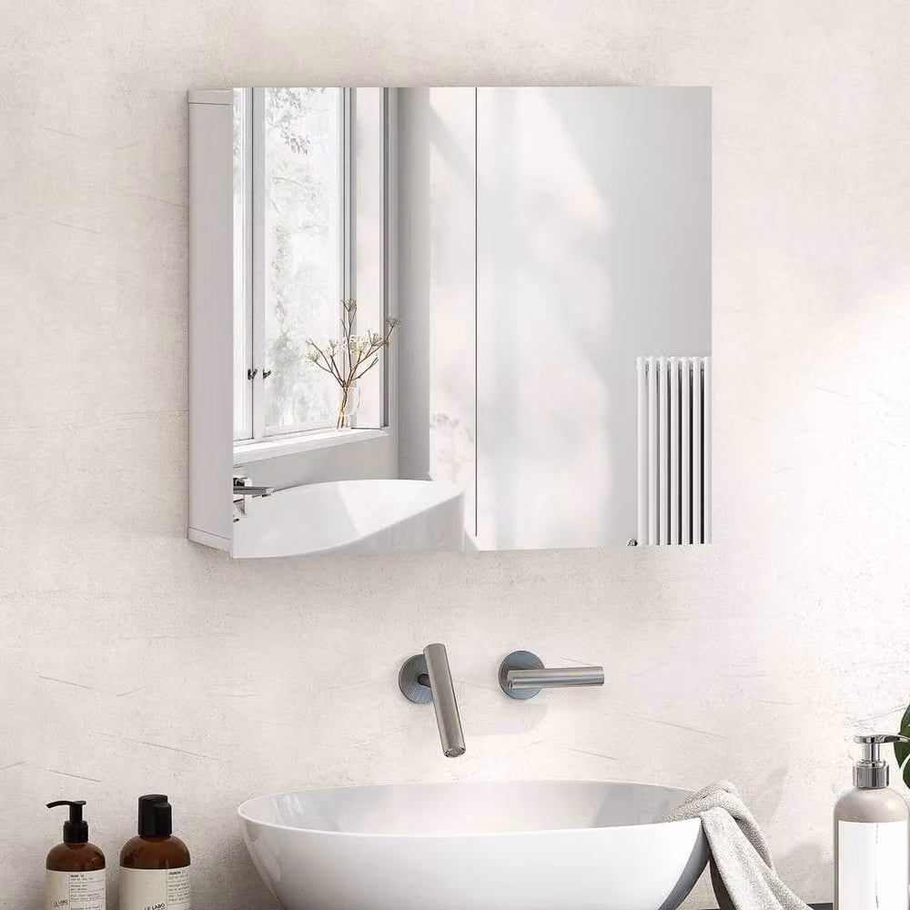 FORGEVIO Modern White Wall-Mounted Bathroom Mirror Cabinet with 2 Hinged Doors