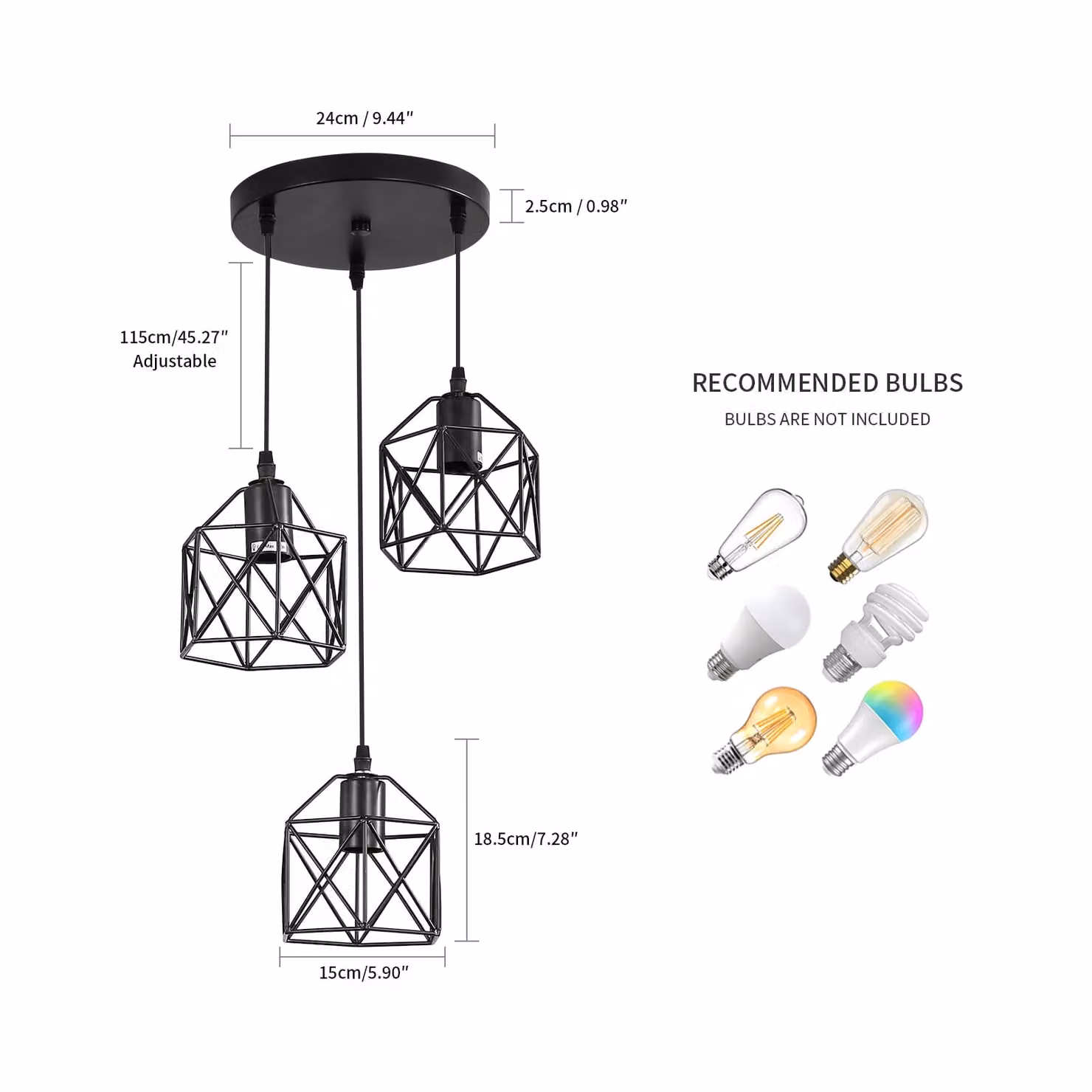 COMELY Three Head E27 Iron Diamond Ceiling Chandelier in Black – 8