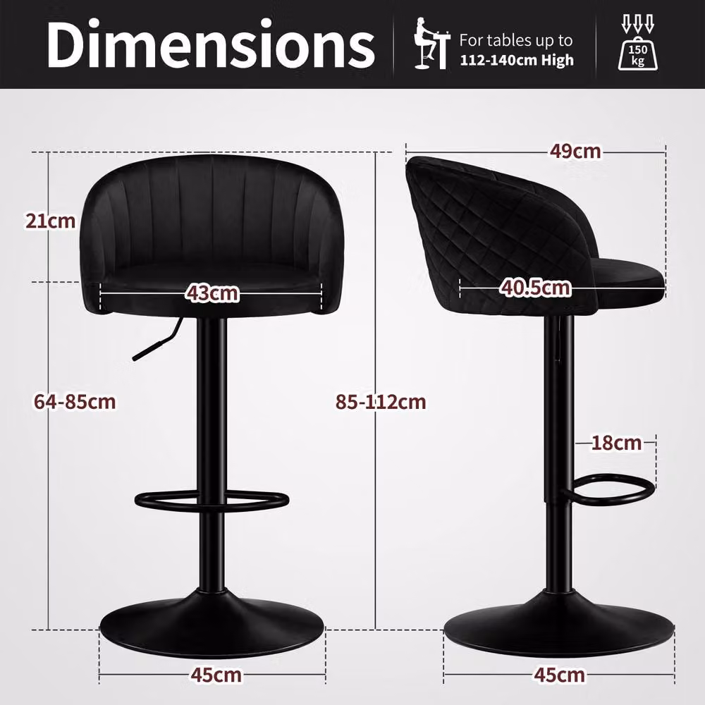 STOOLINK Set of 2 Modern Black Velvet Swivel Bar Stools with Arms and Backs – 2